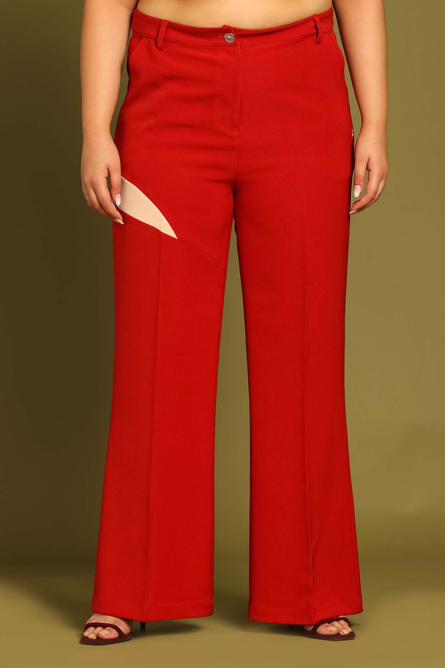 Chili Red Contrast Paneled Flared Trousers  Semya by Shivani