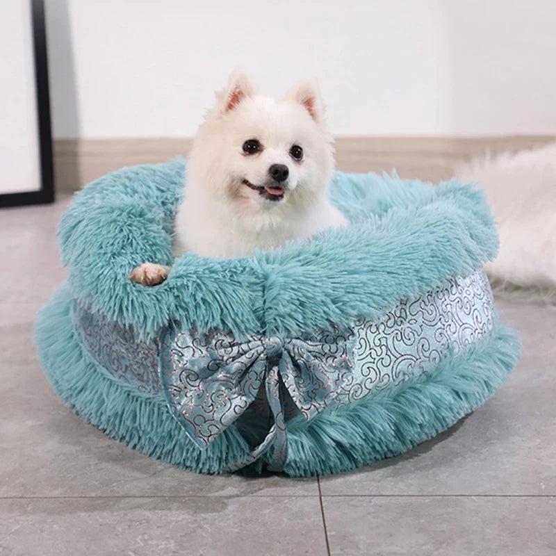 DAIIIBABYYY  -  Long Plush Super Soft Dogs Beds With Bow Pet Kennel Lounger Fluffy Cat House Winter Warm Sofa Basket for Small Medium Large Dogs