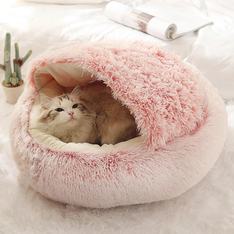 DAIIIBABYYY  -  Soft Plush Pet Bed with Cover Round Cat Bed Pet Mattress Warm Cat Dog 2 in 1 Sleeping Nest Cave for Small Dogs