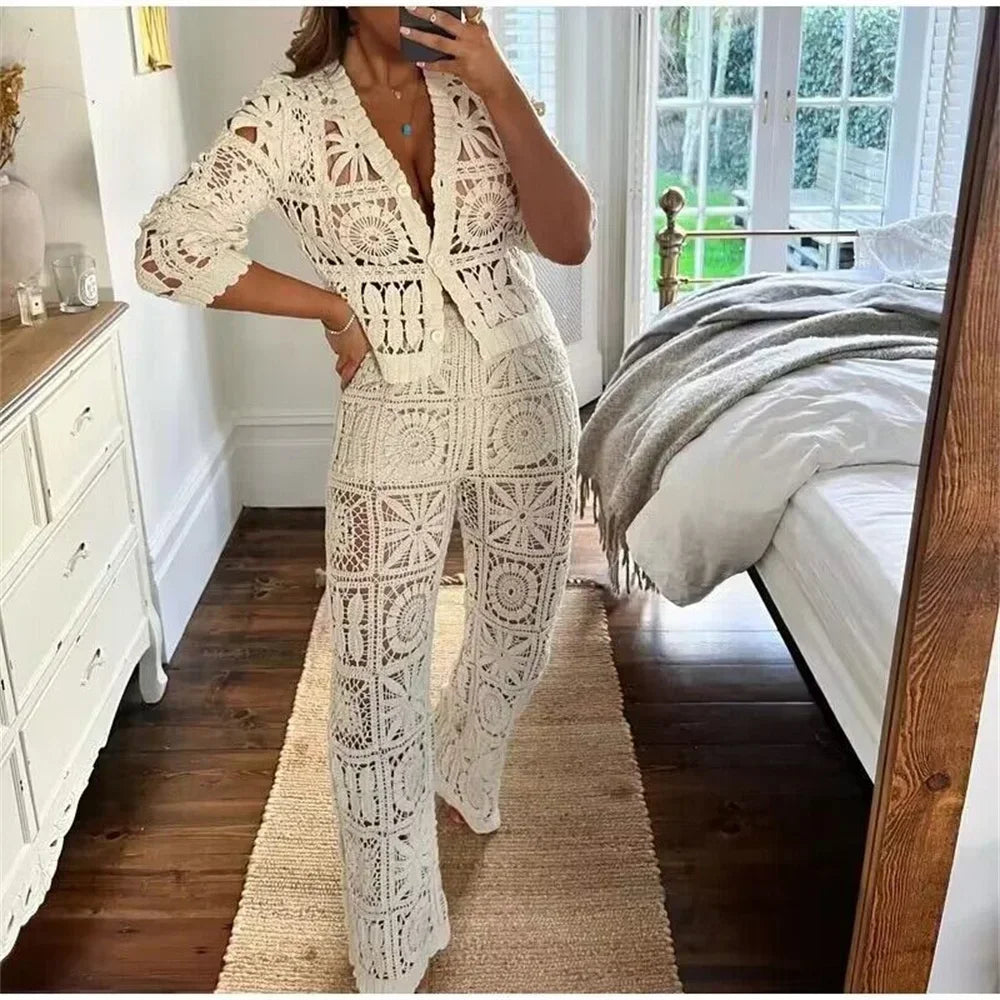 Daiiibabyyy 3D Hollow Hook Flower Knitted Cardigan and Knitted Pants Set Women's Fashion Chic 2 Pieces Set Matching Suit 2024 New