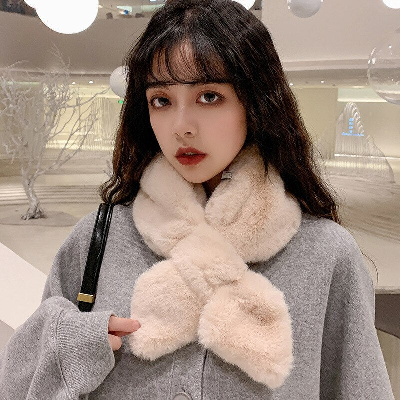 Winter Scarves Woman Warm Imitating Rex Rabbit Fur Cross Scarf Soft Waxy Thick Solid Color Fur Collar шарф женский зимний