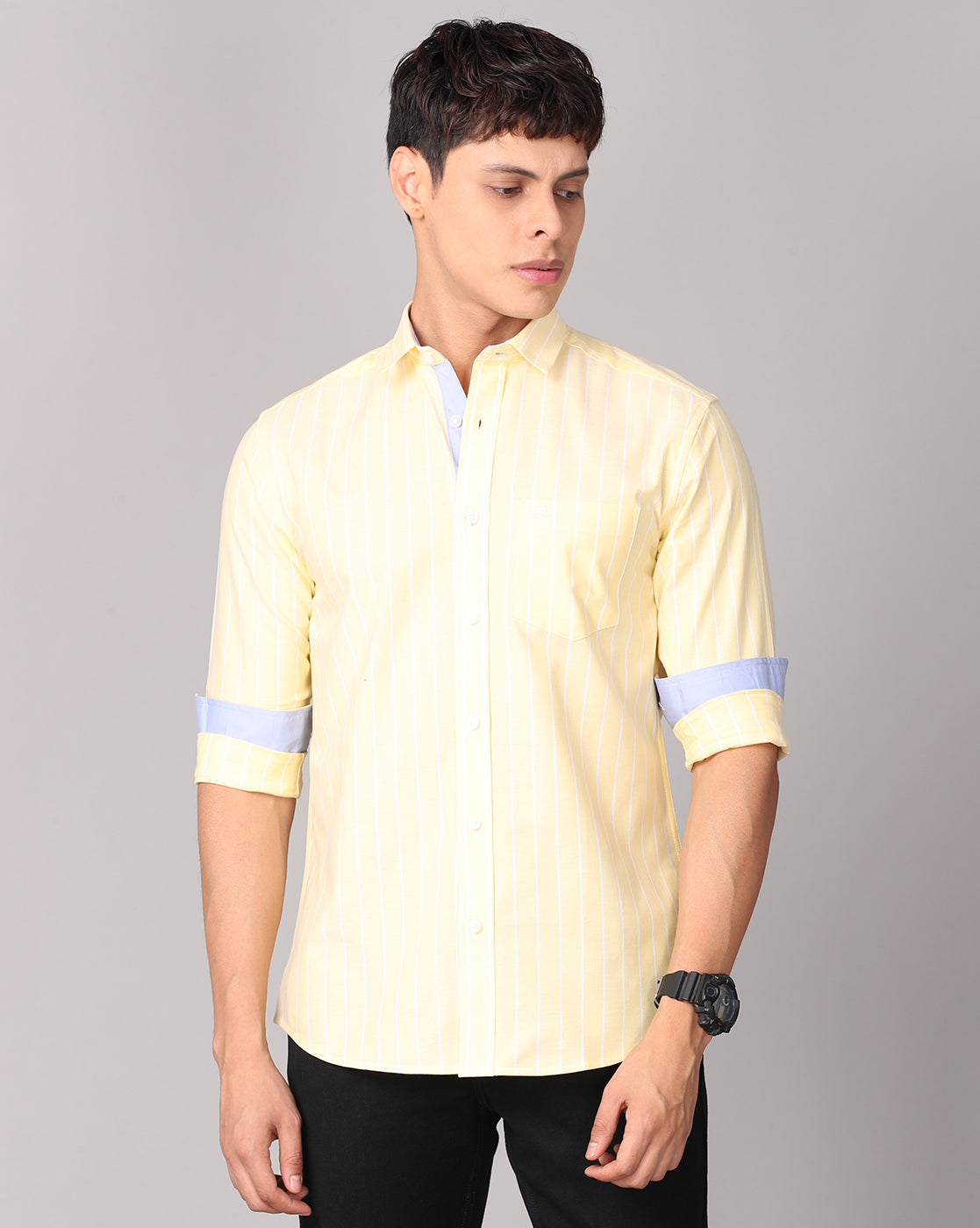 Lemon Yellow Striped Casual Regular Fit Shirt