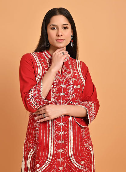 Red Straight Embroidered Kurta with 3/4th Sleeves