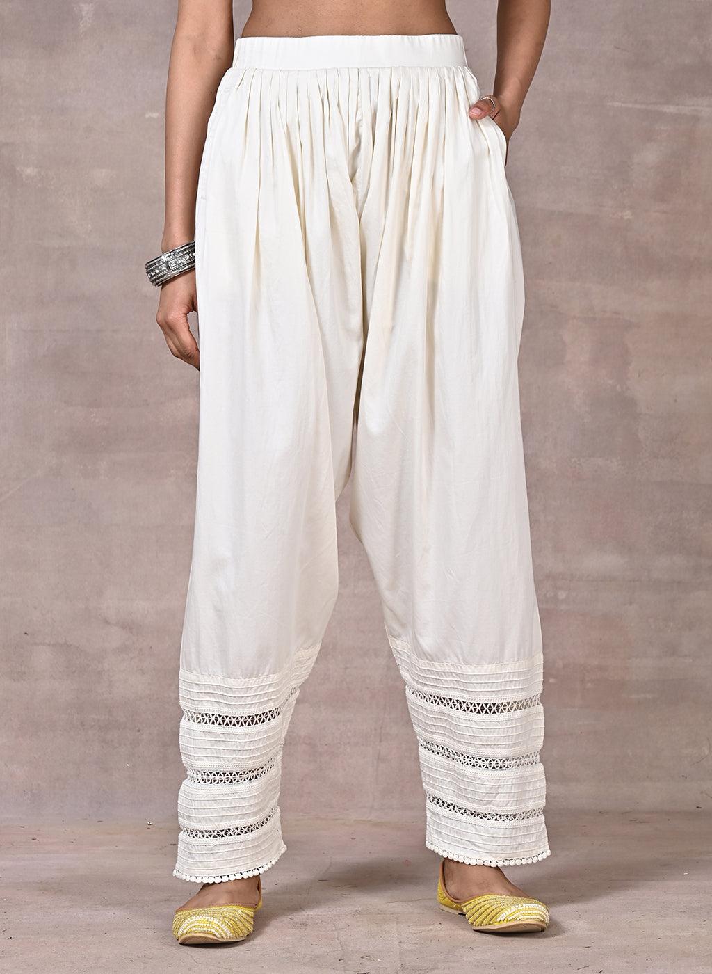 Ivory Ankle-length Pants for Women with drawstring Waist and Lace