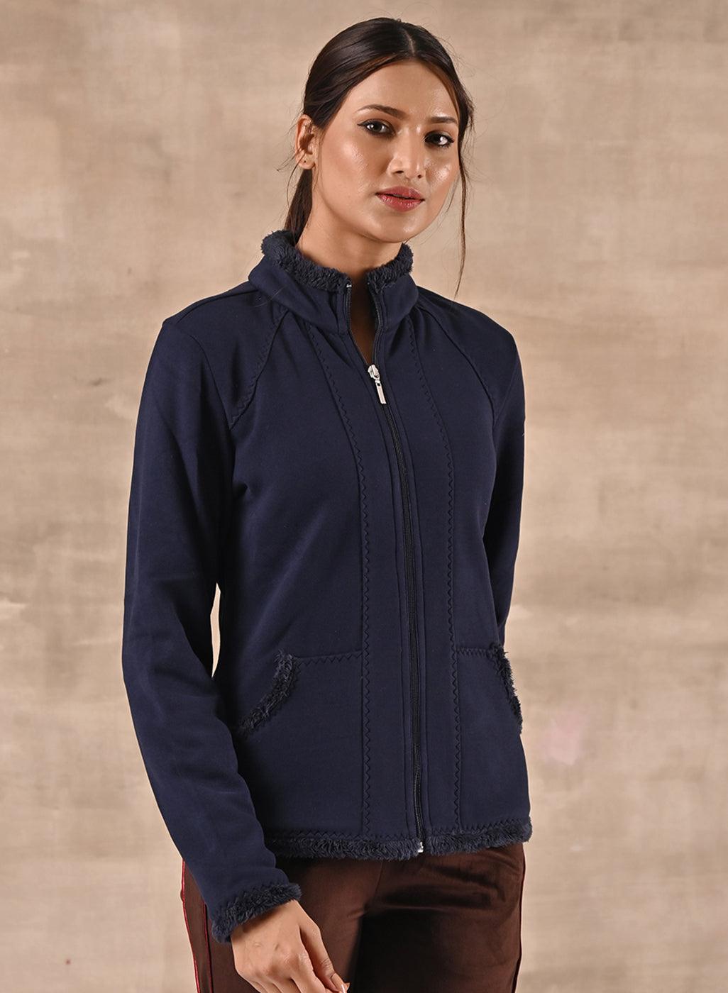 avy Blue Zip-front High-neck Regular Jacket with Pockets 