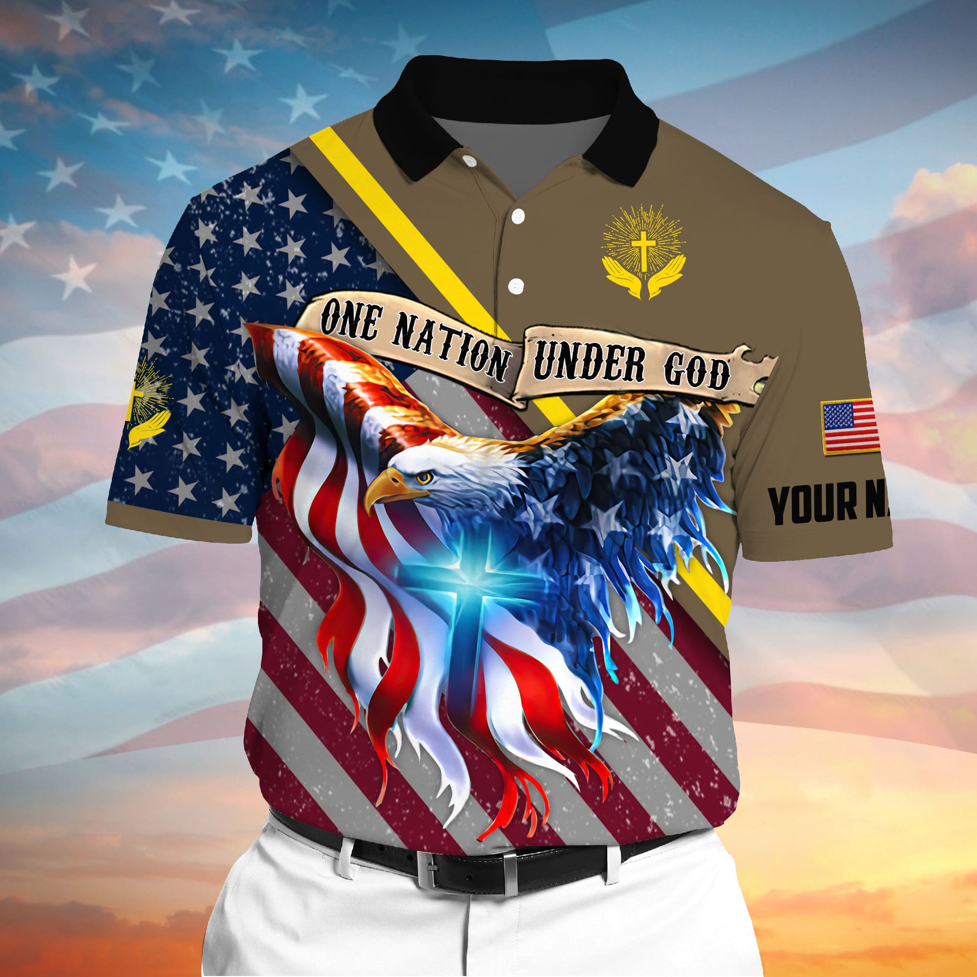 Premium One Nation Under God, Eagle Polo 3D Printed Multicolor Personalized