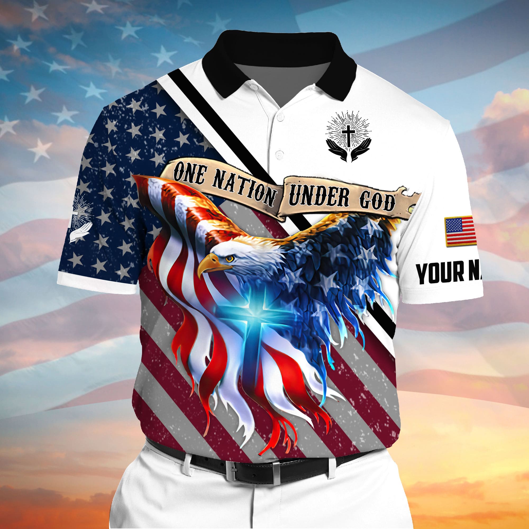 Premium One Nation Under God, Eagle Polo 3D Printed Multicolor Personalized
