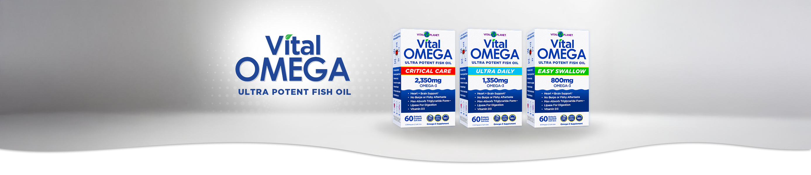 Boxes of Vital Omega fish oil supplements displayed side by side.