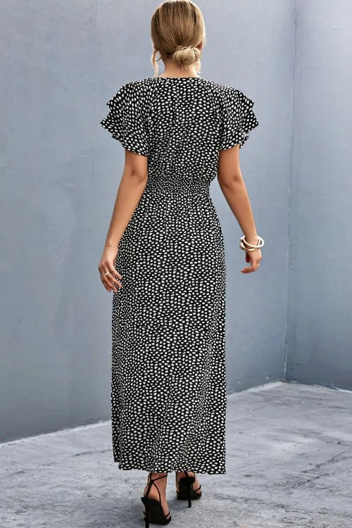 Casual Floral Midi Dress Side-Slit Black Back | SiAra Clothing Store, LLC