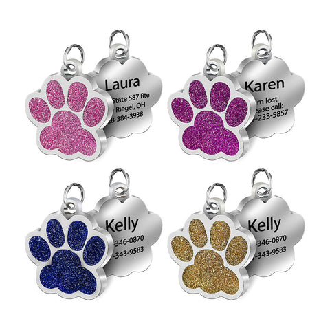 Personalized Dog ID Name Tags Paw Glitter Pendant