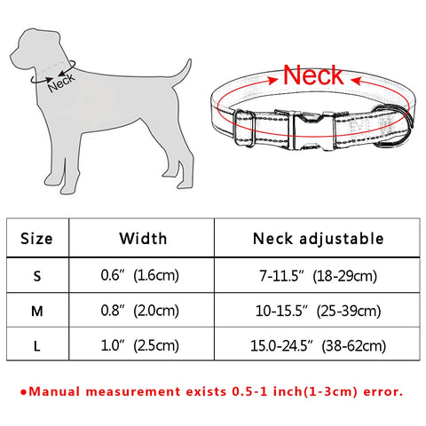 Reflective Nylon Personalized Dog Collar - Size Chart