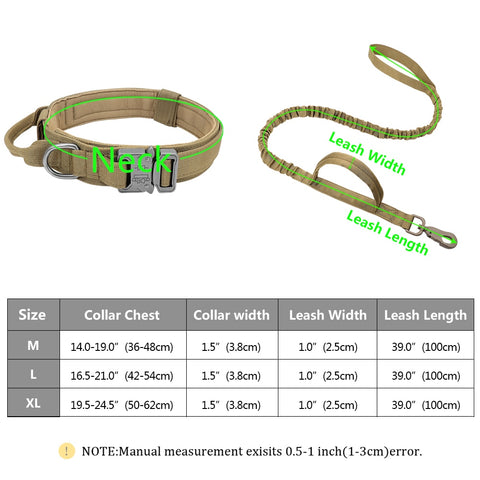 Dog Military Tactical Collar with Leash - Size Chart