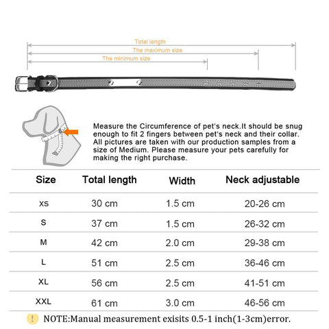 Reflective Personalized Dog Collar- Size Chart