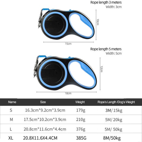 MyDoggyNeeds™ Retractable Dog Automatic Flexible Leash - Size Chart