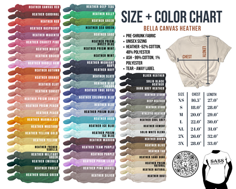 Bella Canvas Adult Unisex Tee Color & Size Chart