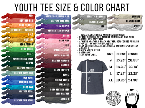 Bella Canvas Youth Unisex Tee Color & Size Chart
