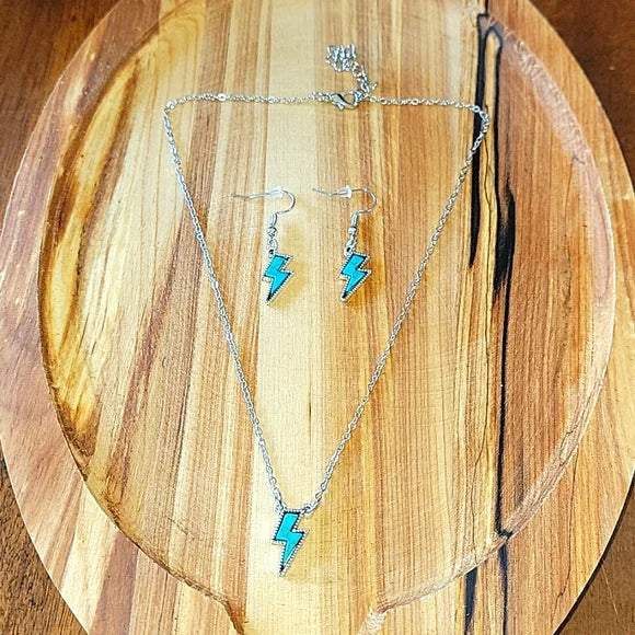 Turquoise Lightening Bolt 3pc Silvertone Necklace & Earrings Set