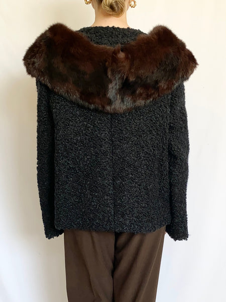 Vintage 1950s Black Curly Lamb Fur Jacket w Mink Collar - Swear