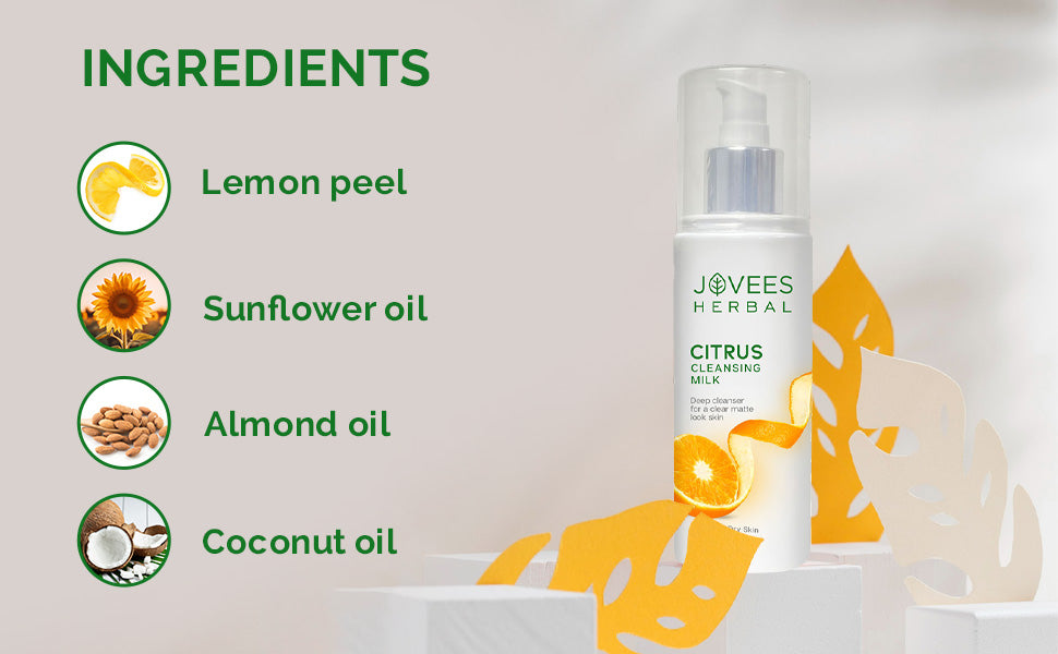 Key ingredients of Jovees Herbal Citrus Cleansing Milk with Lemon Peel Extract Almond Coconut Oil