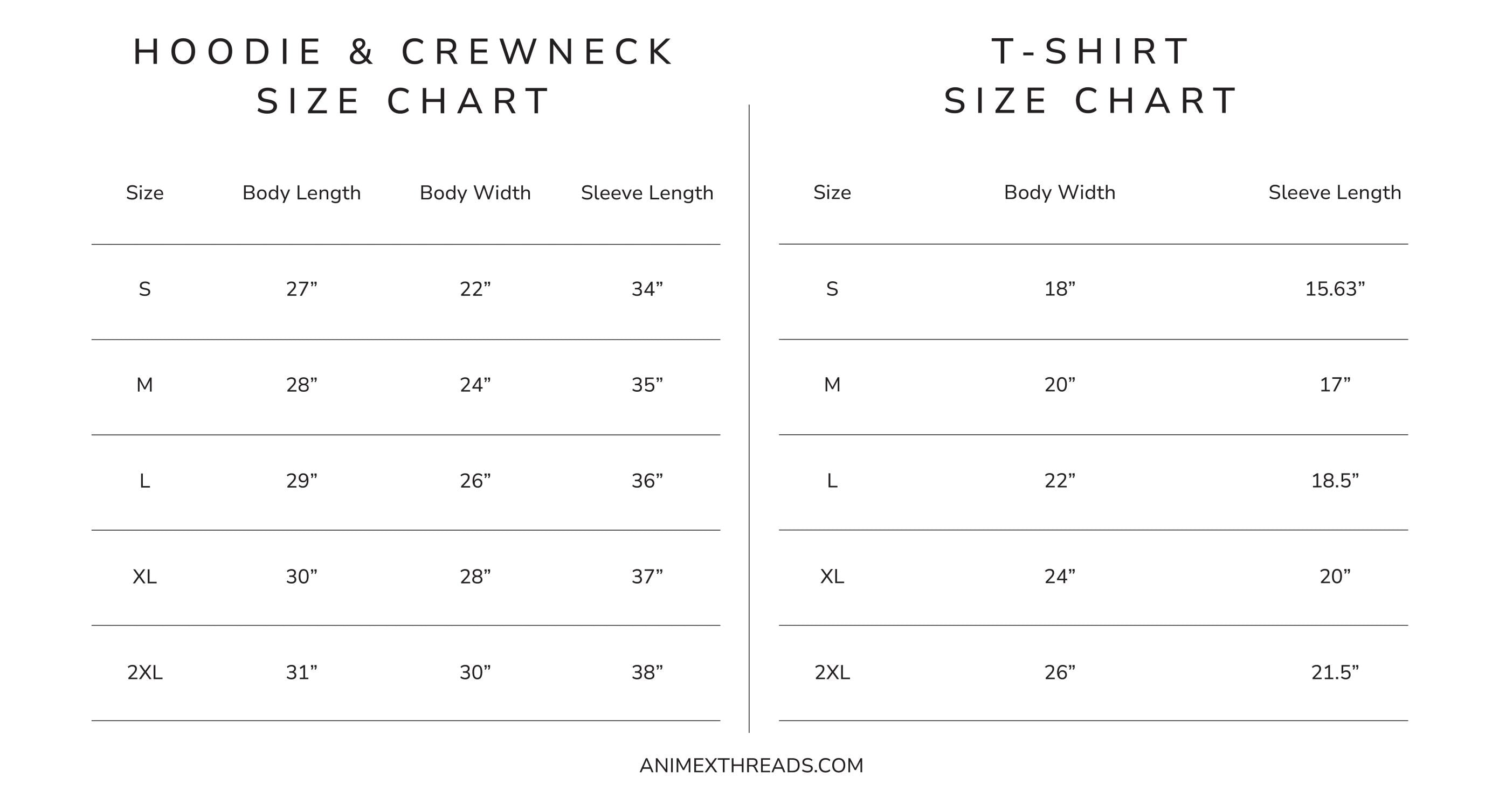 Size chart for hoodies, sweaters, and t shirts so people can order the sweater that fits them.