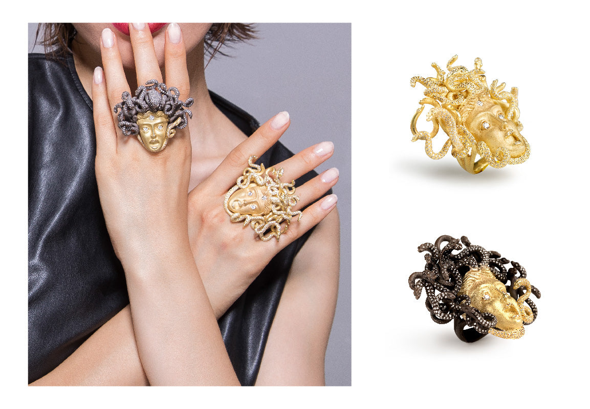 Medusa massimo izzo in oro giallo e nero con diamanti oro 18kt