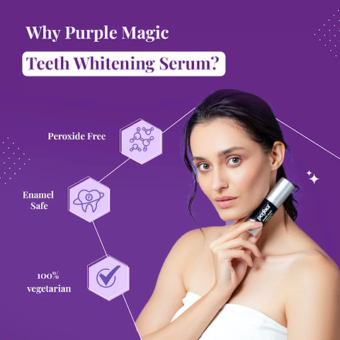 model showcasing the benefits of Perfora’s purple magic teeth whitening serum
