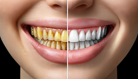 comparison image of before and after of using an activated charcoal toothpaste