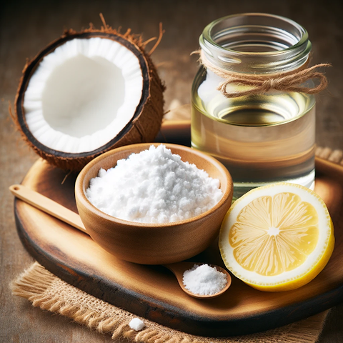 image displaying baking soda, coconut oil, and lemon juice arranged together on a wooden surface