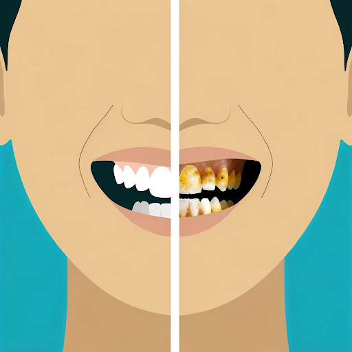 illustration showing the contrast between healthy teeth and teeth affected by plaque