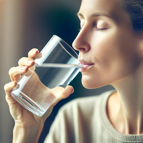 A woman drinking a glass of water to prevent plaque