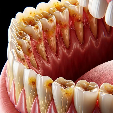 Close-up of teeth with yellowish-brown dental plaque near the gum line.
