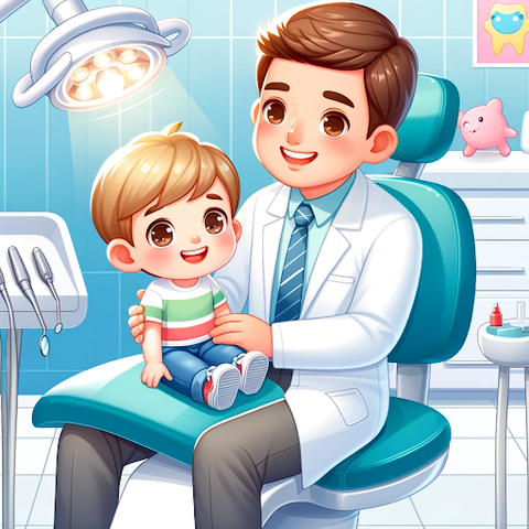 Child smiling in dentist chair with friendly dentist, in a bright, colorful dental office setting.