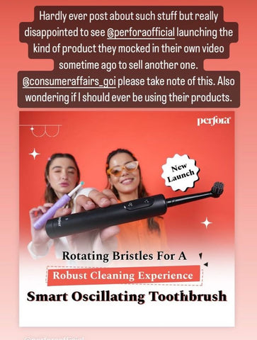 A screenshot from Instagram that shows a user talking about Perfora's new oscillating toothbrush launch