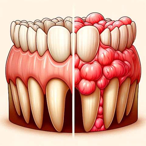 Comparative illustration of healthy gums (left) versus unhealthy gums (right) showing differences in color and condition