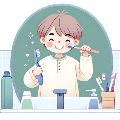 Illustration of a Person brushing teeth with soft-bristled toothbrush and SLS free toothpaste.