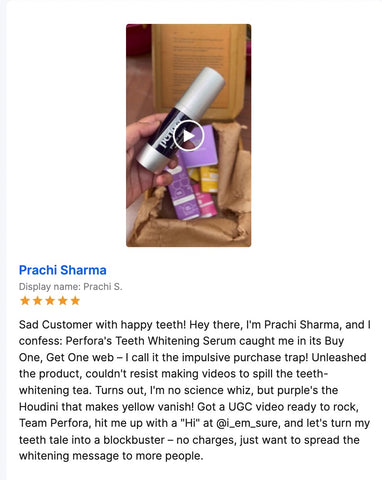 Picture of Perfora's Magic teeth whitening serum, below it is a glowing review from a very happy customer