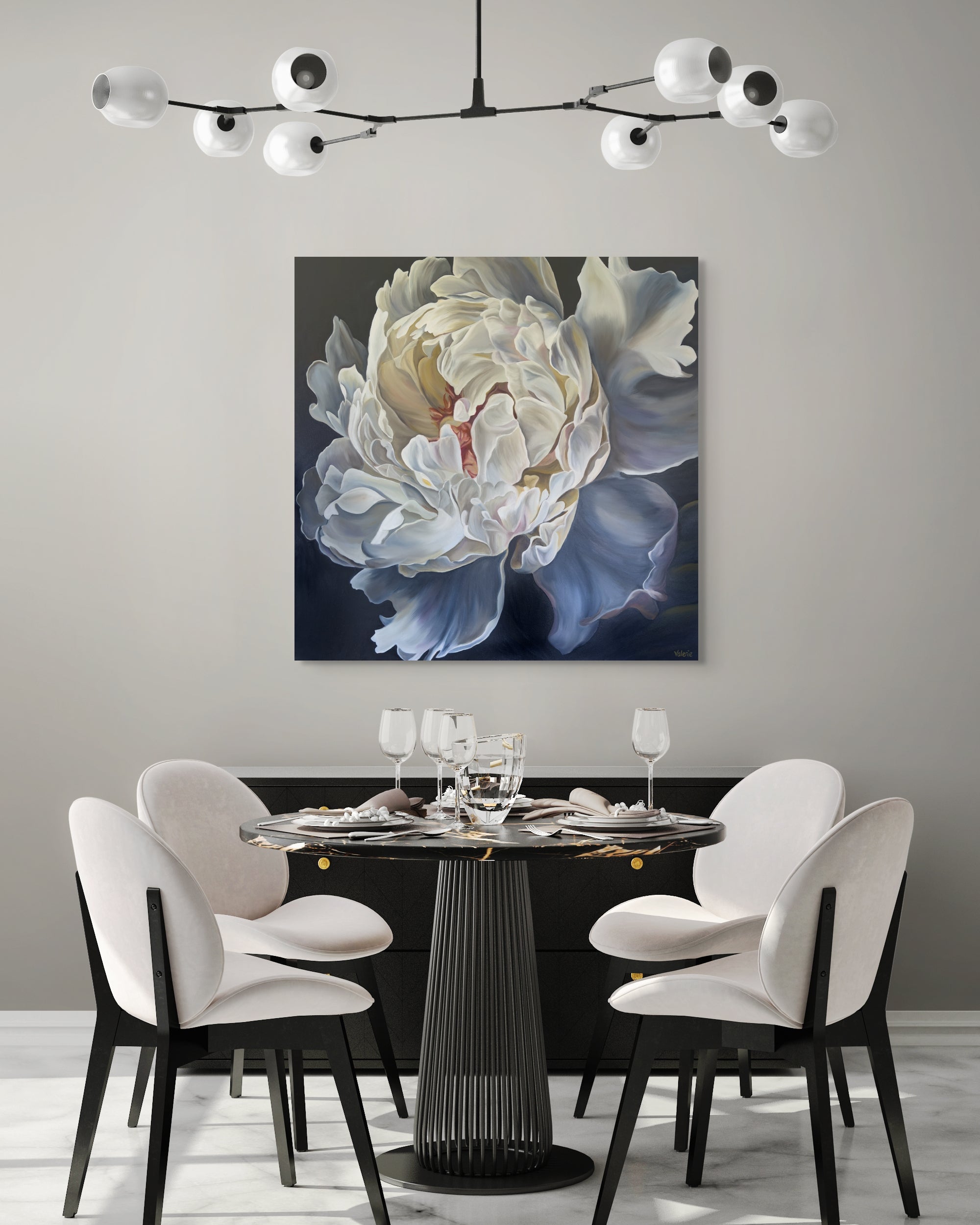 Close up of white peony with moody lighting in dining room