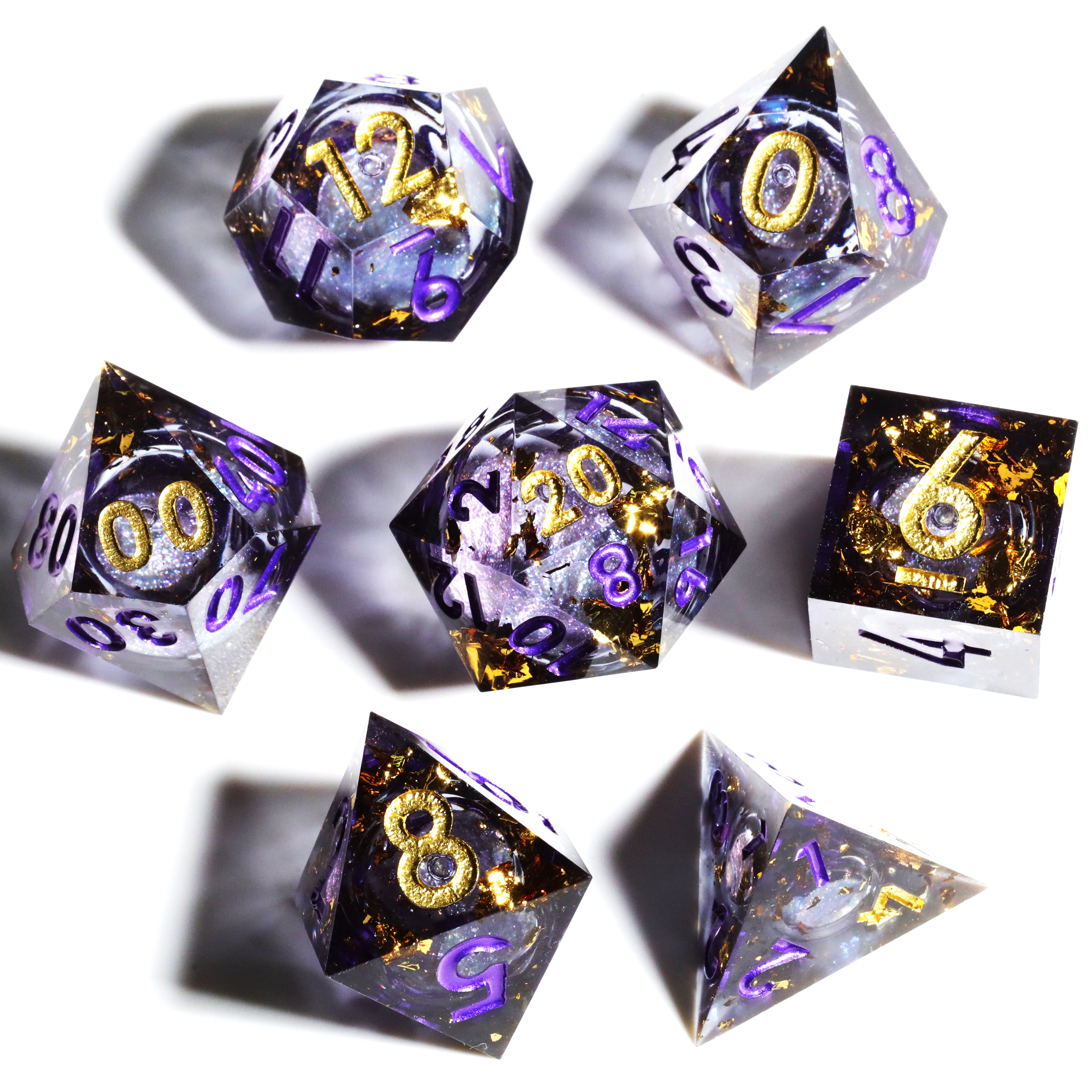 Liquid Core Lavender Handmade Sharp Edge 7 Piece Resin d&d Dungeons and Dragons Dice Set