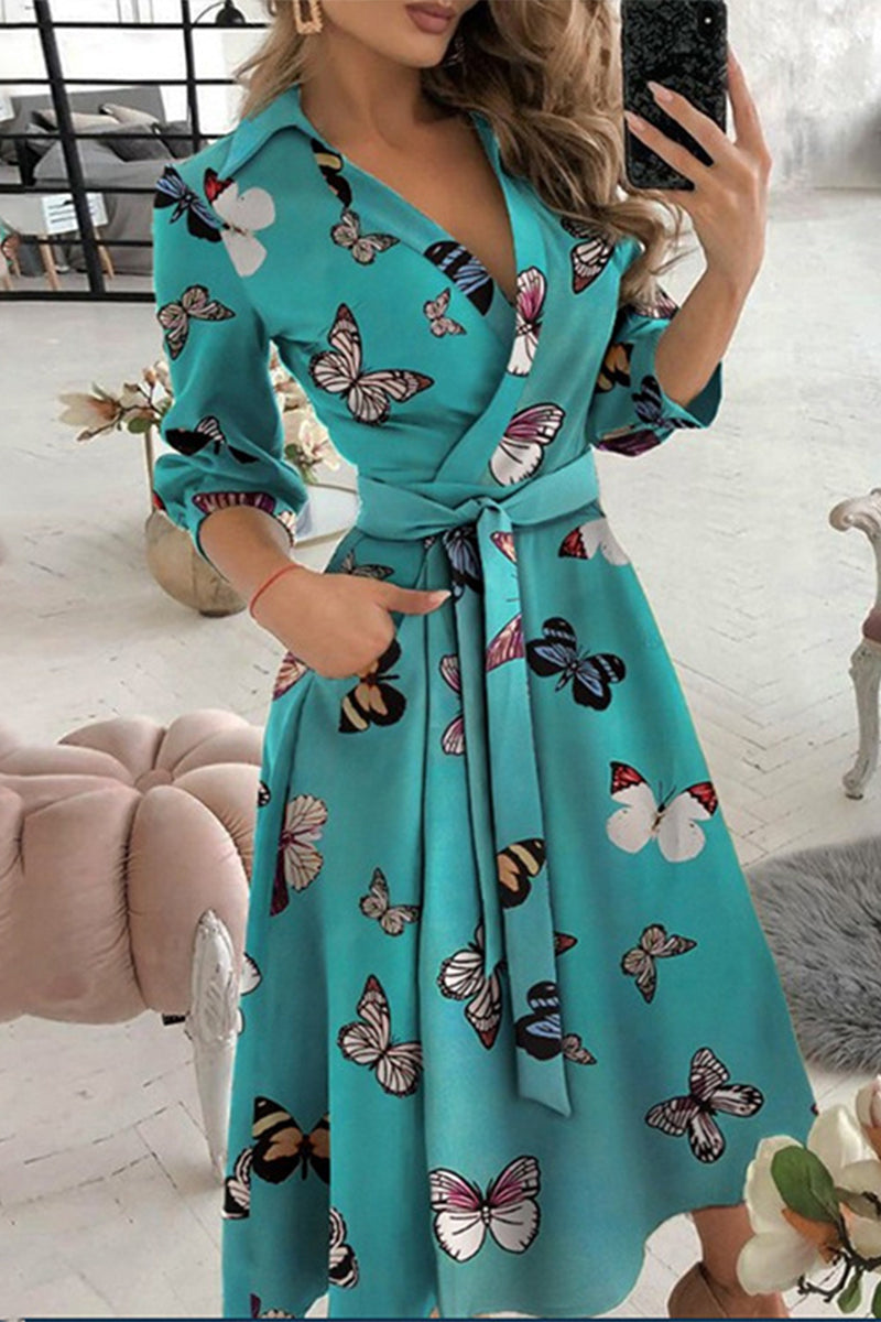 Elegant Print Printing Turndown Collar A Line Dresses