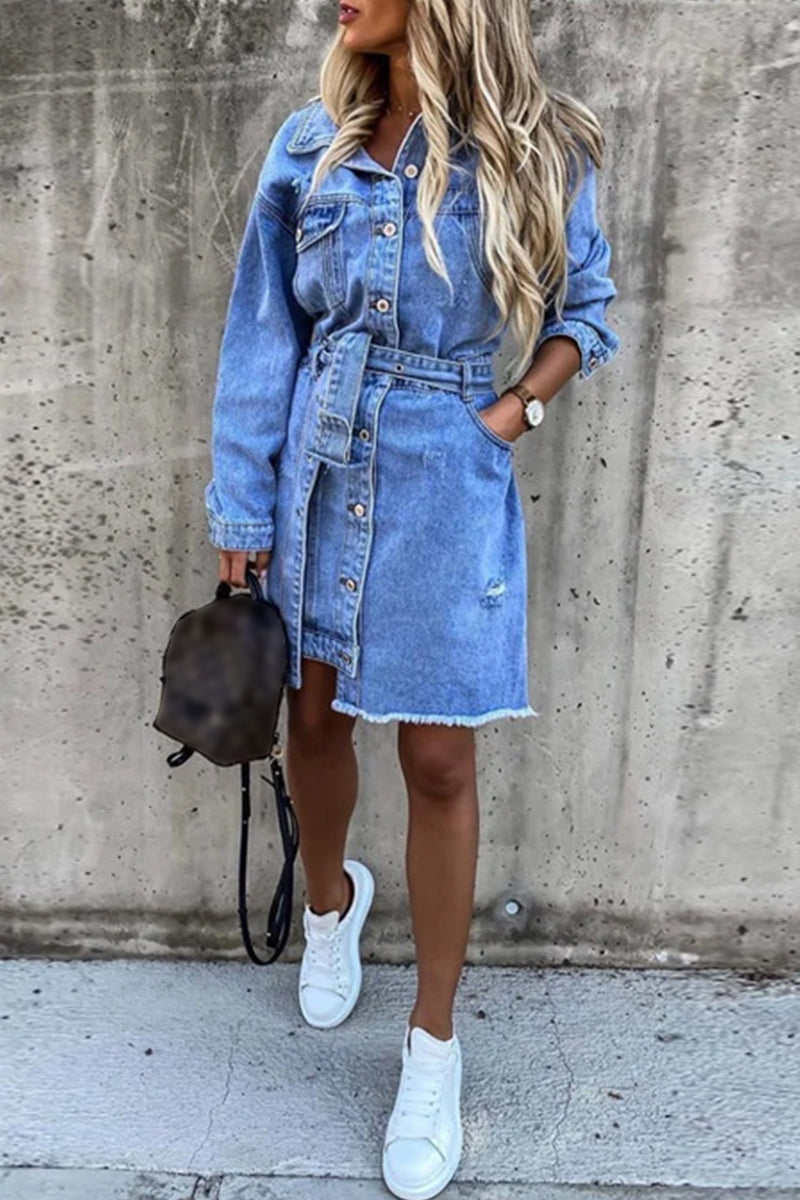 Purpdrank - Casual Solid Patchwork With Belt Turndown Collar Long Sleeve Regular Denim Dresses