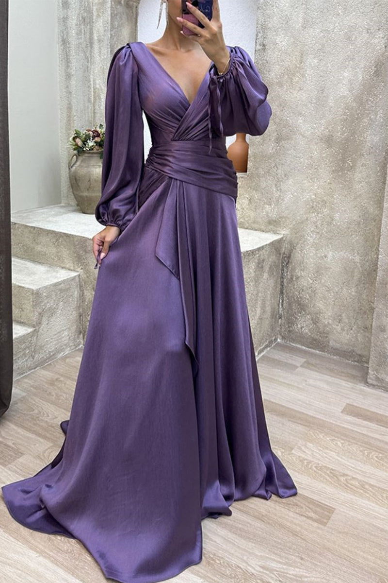 Purpdrank - Elegant Formal Solid Fold V Neck Evening Dresses