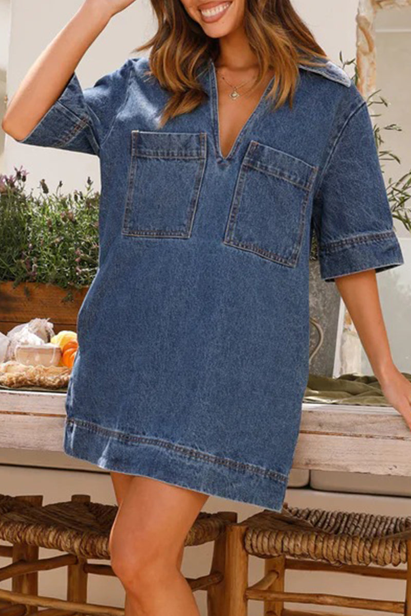 Purpdrank - Casual Simplicity Solid Pocket V Neck Short Sleeve Loose Denim Dresses