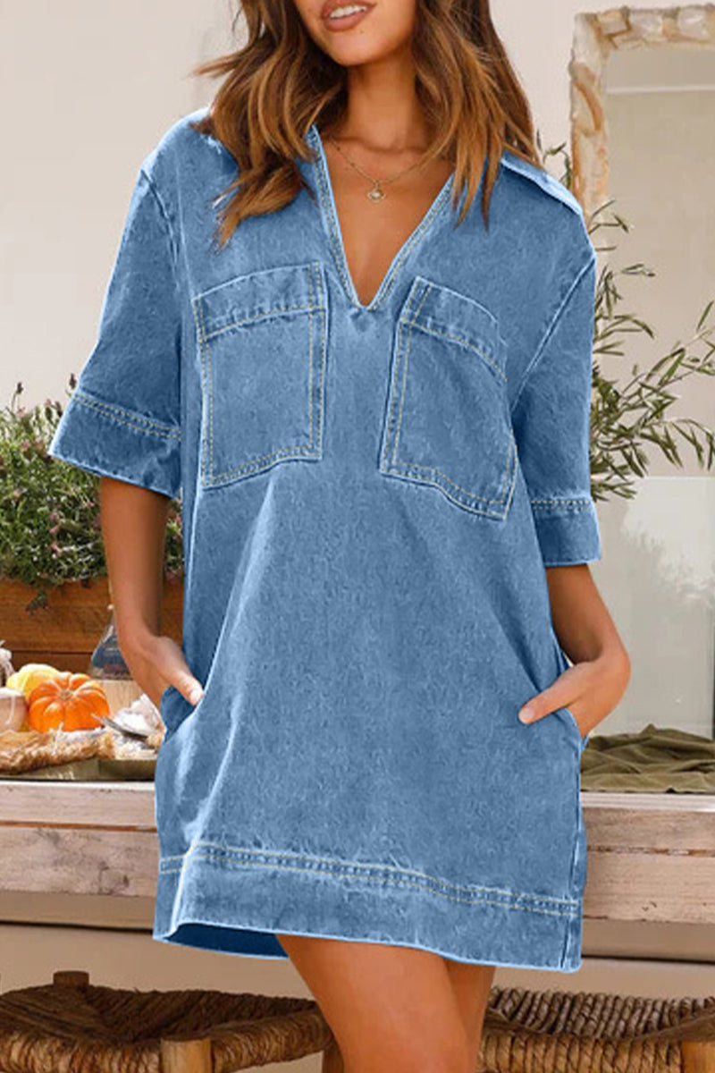 Purpdrank - Casual Simplicity Solid Pocket V Neck Short Sleeve Loose Denim Dresses