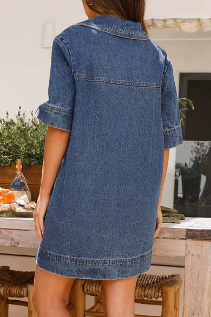 Purpdrank - Casual Simplicity Solid Pocket V Neck Short Sleeve Loose Denim Dresses