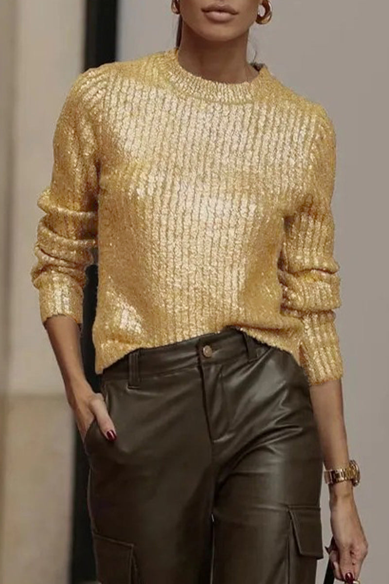 Purpdrank - Elegant Solid Sequined O Neck Sweaters