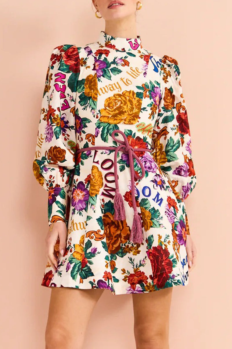 Purpdrank - Elegant Floral Bandage Half A Turtleneck Printed Dress Dresses