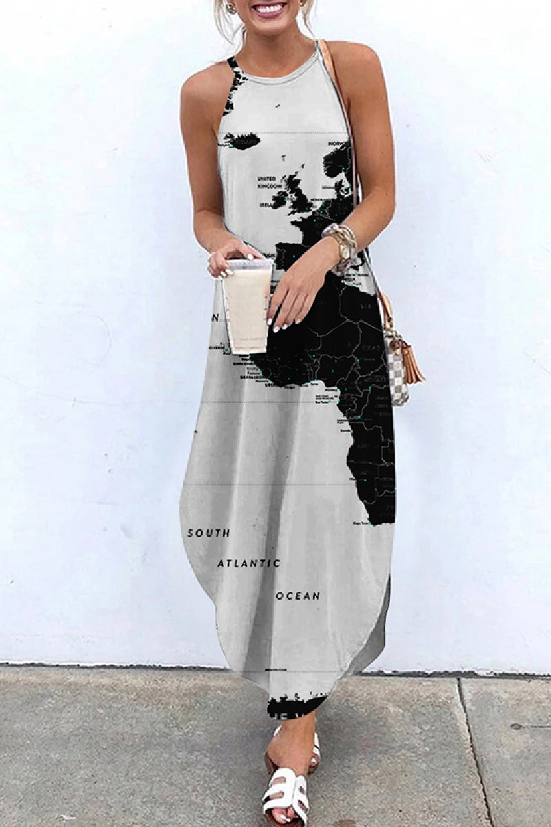 Purpdrank - Casual Print Basic O Neck Long Dress Dresses