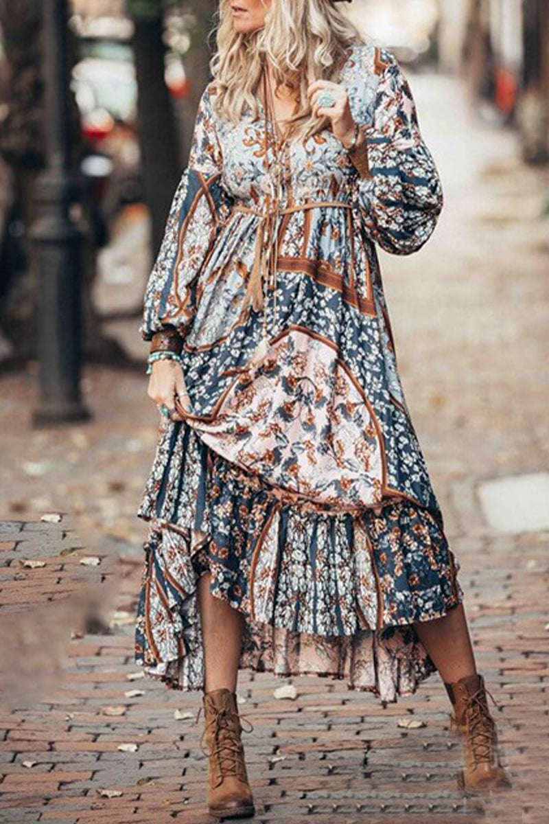 Purpdrank - Bohemian Vintage Floral Frenulum V Neck Printed Dress Dresses