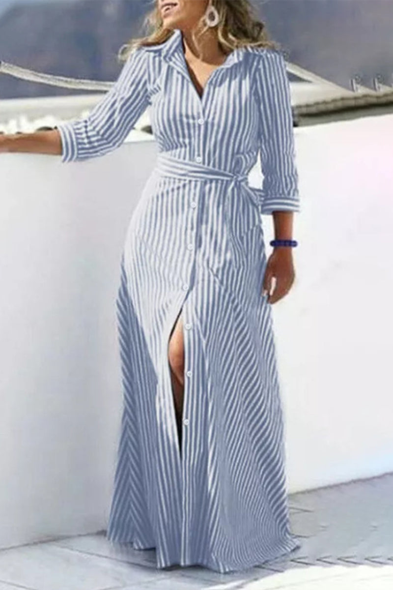 Purpdrank - Casual Striped Print Buckle With Belt Turndown Collar Shirt Dress Dresses