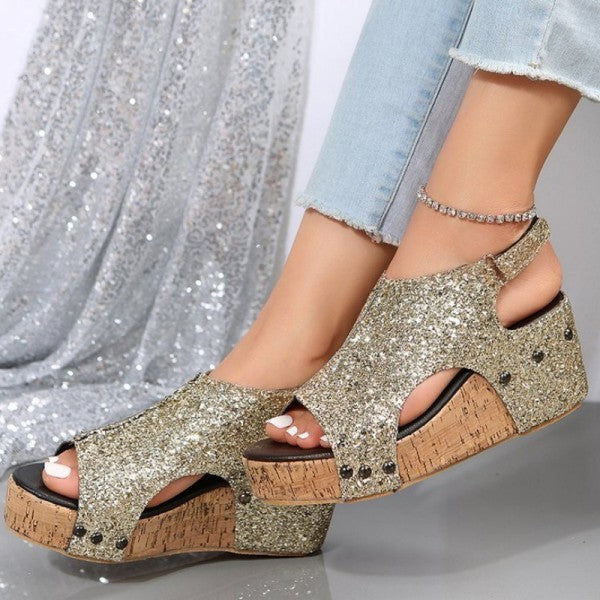 Purpdrank - Black Casual Hollowed Out Sequins Patchwork Fish Mouth Out Door Wedges Shoes